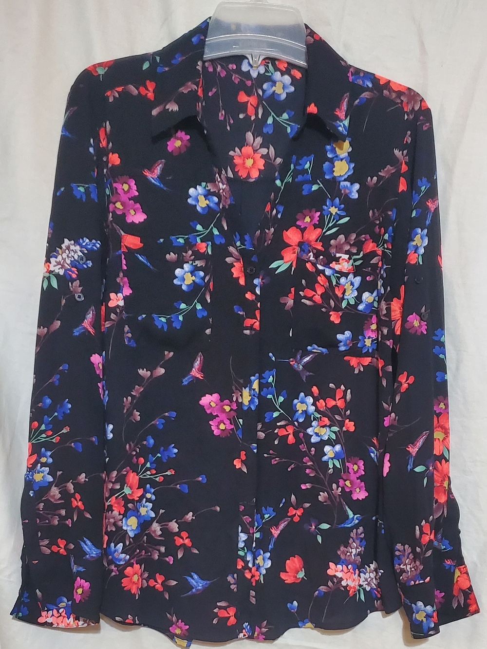 Express Black Floral Button-Down Blouse with Multicolor Blooms